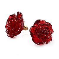 925 Sterling Silver Earrings Rose Flower, Pretty Blooming Carved Red Rose Dangle Earrings Tiny Resin Rose for Women for Teen for Mother