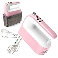 9-Speed Digital Hand Mixer Electric, 400W DC Motor, Hand Mixer electric Handheld with Snap-On Storage Case, Touch Button, Turbo Boost, 5x Stainless Steel Accessories (Pink)