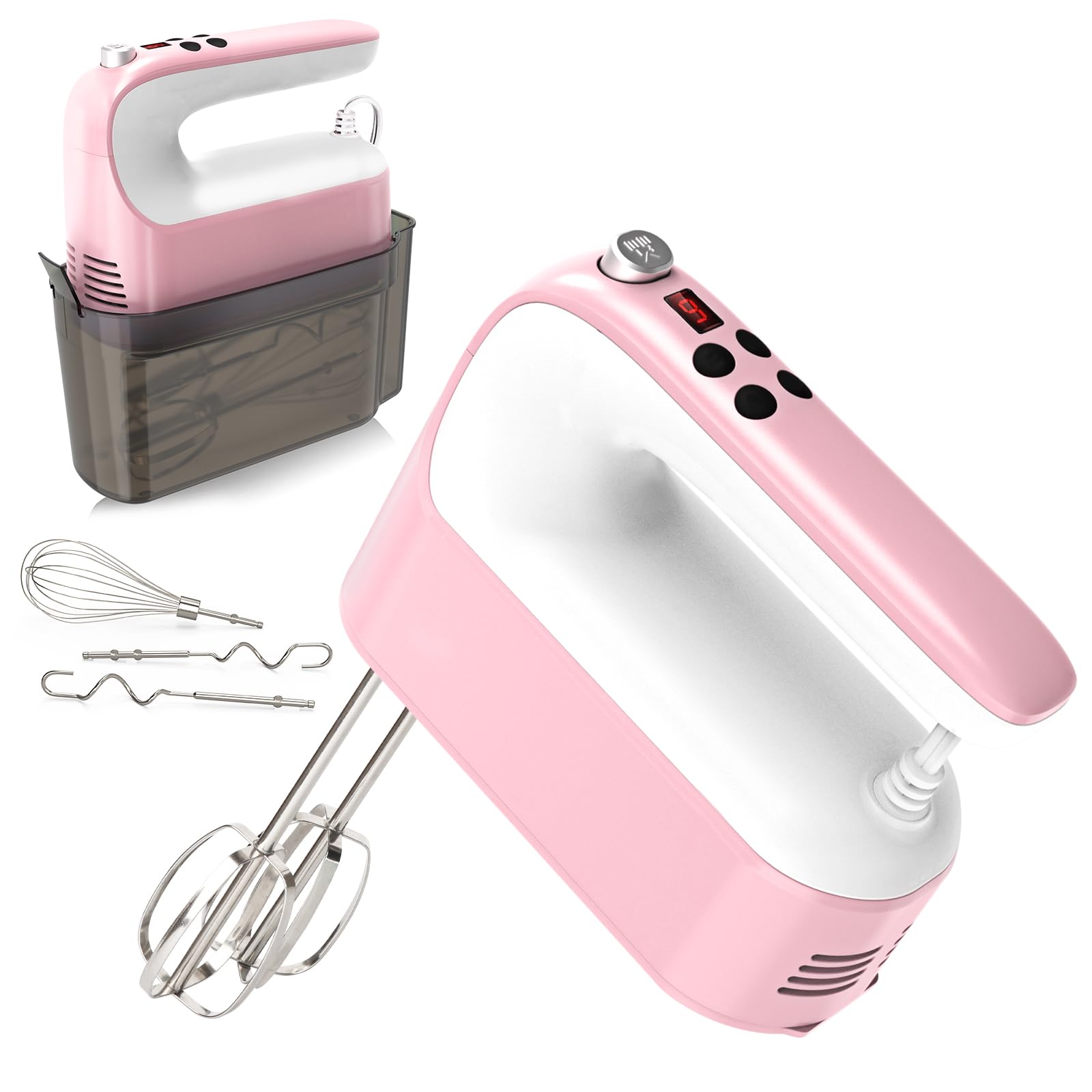 Yomelo 9-Speed Digital Hand Mixer Electric, 400W DC Motor, Hand Mixer electric Handheld with Snap-On Storage Case, Touch Button, Turbo Boost, 5x Stainless Steel Accessories (Pink)