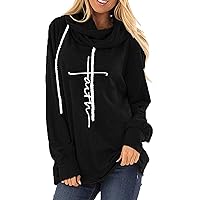 EFOFEI Women's Solid Color Faith Letter Printed Hoodie Long Sleeve Cowl Neck Sweatshirt Drawstring Loose Fit Pullover
