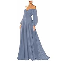 Women's Long Sleeve Prom Dresses V-Neck Pleated A Line Chiffon Off The Shoulder Ball Gown Long Wedding Dress Formal Dusty Blue