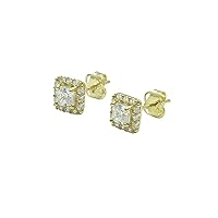 Solid 14K Yellow Gold Women's Dainty Square CZ Halo Stud Earrings - Small Gold Earrings for Girls Teens Daughter