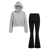 COZYEASE Girls' 2 Piece Outfits Kangaroo Pocket Zip Up Hoodie and Flare Leg Pants Set Trendy Fall Outfits