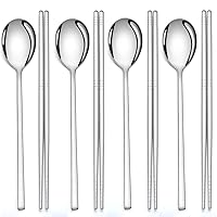 Korean Chopsticks Spoon 2 Set - METAL STAINLESS STEEL -Printed Hangul  Characters (Hangul-Silver)