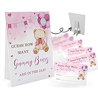 Guess How Many Gummy Bears Are in the Jar - 1 Standing Sign and 50 Guessing Cards, Pink Bear Balloon Themed Baby Shower Game for Boys Girls, Birthday Party Supplies and Decorations-03