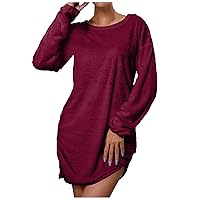 Women Trendy Crewneck Sweater Dress Casual Fall Tunic Dresses Loose Long Jumper Irregular Knitted Wrap Dress