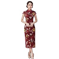 Cheongsam Dresses Silk Printed Mock Neck Short Sleeve Midi Wedding Party Qipao H3222XL Red