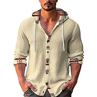 Mens Lightweight Hooded Shirts Plaid Hoodie Baggy Long Sleeve Button Down Blouse Tops Drawstring Hippie Yoga Boho Beach Tops