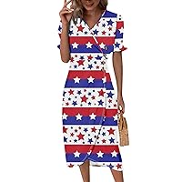 Fourth of July Dresses for Women Casual Wrap V Neck Short Sleeve Flowy Ruched Button Elegant Comfy Tunic Party Dress