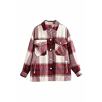 GRASWE Women's Flannel Plaid Lapel Jacket Shirts Long Sleeve Button Down Shacket Casual Loose Coat Tops