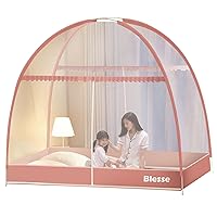 Mosquito Net Tent for Bed, Dual Door Pop-Up Bed Canopy with Net Bottom, Zipper Closure Open Quickly Fully Enclosed Anti-Mosquito Bed Cover Curtain for Indoor Outdoor Pink