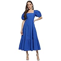 Indian Women Cotton Shirt Dress Gown Frock Tunic Party Wedding Wear Puff Sleeves fit & Flared midi Dress