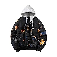 Padded Autumn Winter Jacket Men Graffiti Coat Removeable Knit Hat Windbreaker Male Streetwear Clothing