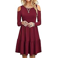 YATHON Women's Casual Cold Shoulder Sleeve Mini Dress Summer Loose Short Ruffle Pleated Dress with Pockets