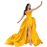 Sparkly Prom Dresses with Slit Strapless Long Elegant Mermaid Formal Dresses for Women 2024 Tight Sexy Deep V Neck Corset Evening Dresses with Detachable Train Plus Size Gold