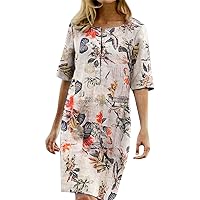 Womens Casual Linen Dresses Short Sleeve V Neck Midi Dress Boho Floral Print Beach Dress Summer Vacation 2024 Fashion