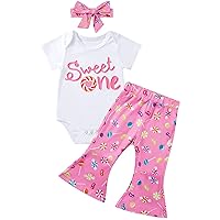 Baby Girls Birthday Outfits Sweet One/Two Sweet/Three is So Sweet Romper Shirts Candy Print Flared Pants Headband Set