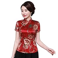 Cheongsam Shirt Short Sleeve Qipao Top Faux Silk Chinese Blouse