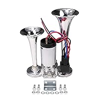JDMSPEED New 12V 150DB Dual Trumpets Electric Horn Super Loud Air Horn Car Horns Kit With Compressor Replacement For Truck Boat Train Speaker Cars Van Ship Chrome