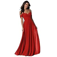 Women's Long Cold Shoulder Pleated Wedding Bridesmaid Dresses Off Shoulder Chiffon Prom Dress Red US20W