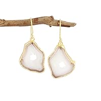 Guntaas Gems White Geode Druzy Earring Brass Gold Electroplated Earring Gift For Her Geode Drop Dangle Druzy Earring Jewelry