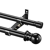 Double Curtain Rods for Windows 48 to 84 Inch - 1 Inch Heavy Duty Double Window Rods - Adjustable Decorative Black Dual Curtain Rod for Sliding Glass Door, Patio, Bedroom, Kitchen, Bathroom