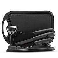 Magicorange 7-Piece Kitchen Knife Set - 5 Black Stainless Steel Knives with Sheaths, Cutting Board, and a Knife Block- Stainless Steel Kitchen Knives with PP Ergonomic Handle (Black)