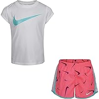 Nike Little Girls' Dri-Fit Swoosh All Over Print T-Shirt and Shorts 2 Piece Set (SunsetPulse(26H664-ACG)/White, 18 Months)