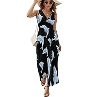 Dolphin Women's Sleeveless Dress V Neck Flowy Hem Sundresses Summer Beach Maxi Dress