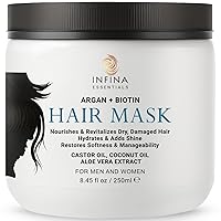 Argan Oil Hair Mask with Biotin - Intensive Hydrating Treatment & Deep Conditioning for Dry, Damaged Hair, Encourages Hair Growth - All Hair Types, Men & Women - 8.45 fl oz