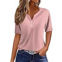 COTECRAM Summer Tops for Women 2024 Short Sleeve Button V Neck Tshirts Trendy Dressy Casual Blouses Loose Fit Graphic Tunics