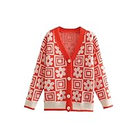 Ladies Flower Geometric Jacquard Knit Cardigan V-Neck Single Breasted Girls Sweater Jacket