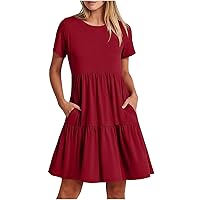 Women's Pleated Solid Color Summer Casual Short Sleeved Round Neck Dress Elegant Layered Mid Elegant Party