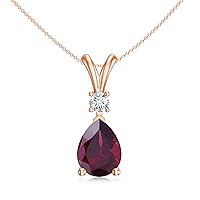 Natural Rhodolite Garnet Teardrop Pendant Necklace with Diamond for Women in 14K Rose Gold