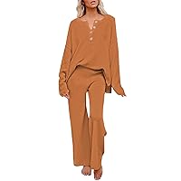 Pink Queen Women's 2 Piece Outfit Set Long Sleeve Button Knit Pullover Sweater Top and Wide Leg Pants Sweatsuit