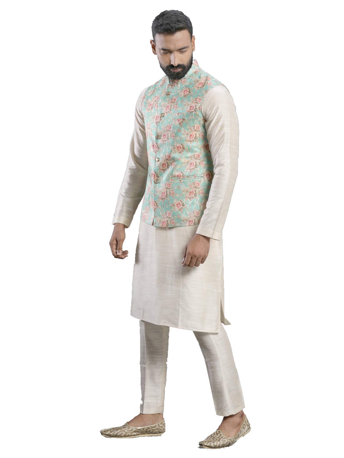 Elina fashion Men's Indian Cotton Kurta Pajama And Printed Nehru Jacket (Waistcoat) Indian Wedding Ethnic Diwali Puja Set
