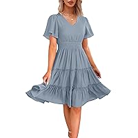 Zattcas Women 2024 Short Sleeve Summer Dress V Neck Smocked Waist Casual Flowy A Line Tiered Work Midi Dresses