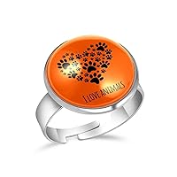 Orange Paw Heart I Love Animals Adjustable Rings for Women Girls, Stainless Steel Open Finger Rings Jewelry Gifts