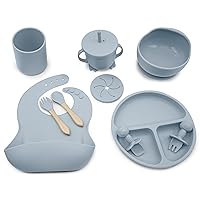 Blue Gray-10 Piece Silicone Baby Feeding Set-Baby Led Weaning Supplies-Baby Eating Supplies, Baby Plates/Toddler Plates, Bib, Sippy Cup, Baby Spoons First Stage 4 months, and Infant Silicone Fork
