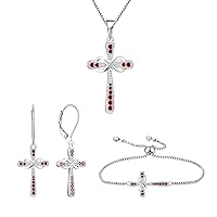 YL Women's Cross Pendant Necklace 925 Sterling Silver Infinity Drop Earrings Created Garnet Bracelet Jewelry Set