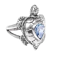 NOVICA Artisan Handmade Blue Topaz Cocktail Ring .925 Sterling Silver Animal Theme Turtle with Indonesia Airy Themed Birthstone 'Turtle Empathy'