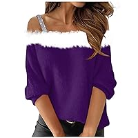 Womens Sexy Christmas Shirt Fur Off Shoulder Y2K Party Holiday Tops Long Sleeve Going Out Nightout Fashion Blouse