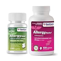 GenCare Allergy Relief Bundle: Cetirizine HCL 10mg (200 Count) + Diphenhydramine 25mg (600 Tablets) - Comprehensive Allergy Solution