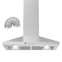 Kitchen Hood, Wall Mount Range Hood 30 inch with 2m Ventilation Duct and 5-Layer Aluminum Permanent Filters Ductless/Ducted Convertible for Stove Kitchen