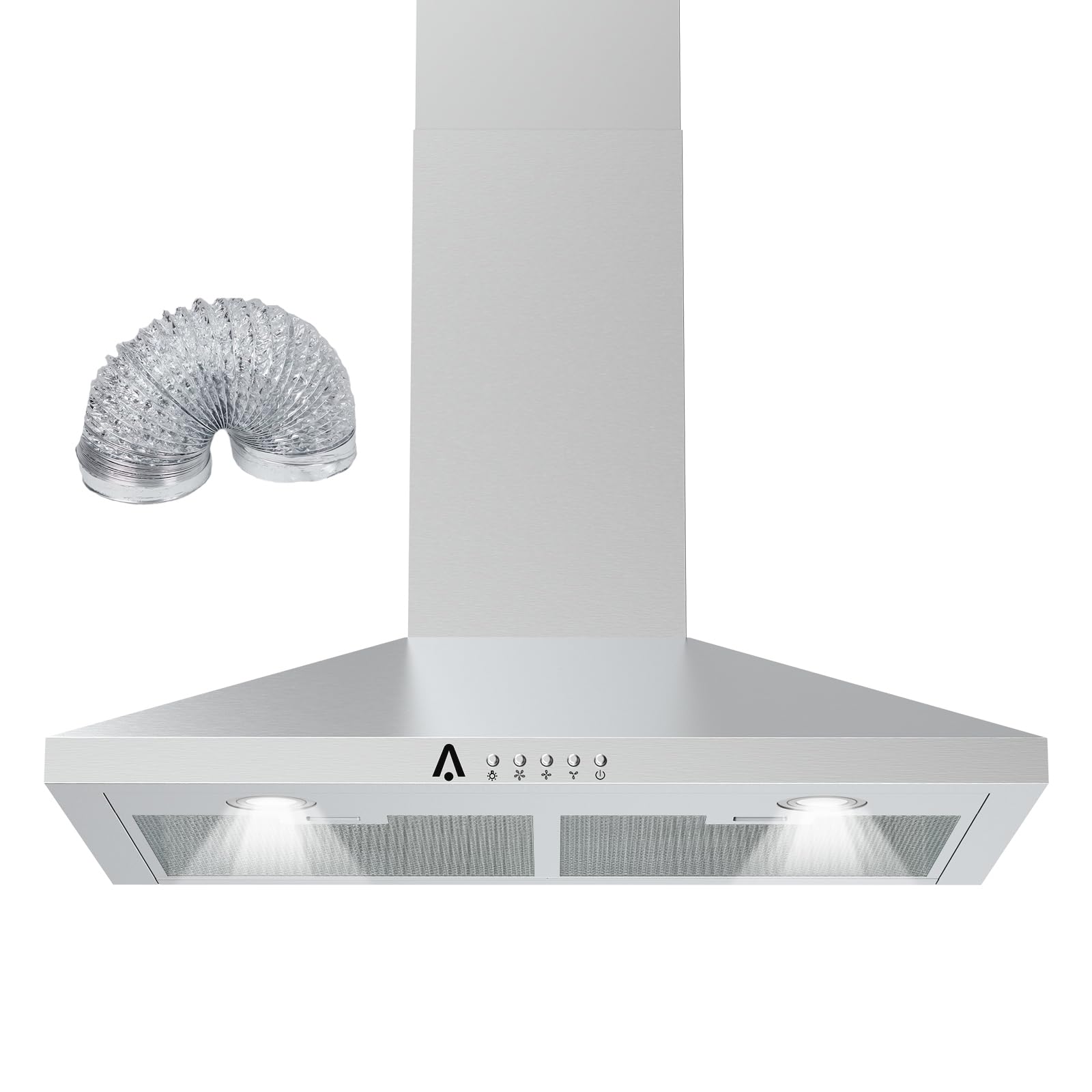 Aprafie Kitchen Hood, Wall Mount Range Hood 30 inch with 2m Ventilation Duct and 5-Layer Aluminum Permanent Filters Ductless/Ducted Convertible for Stove Kitchen