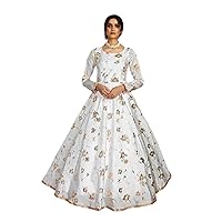 Off White Stylish Trending Girl College Party wear Silk Flairy Anarkali Gown Foil Work Woman Indowestern Dress 2833 (L)