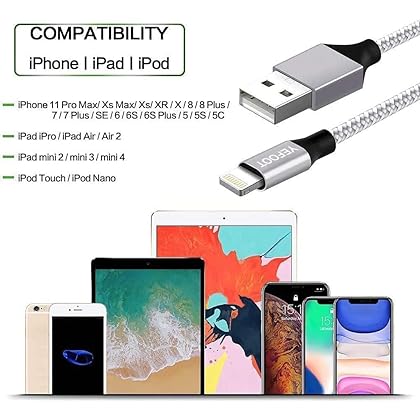 [Apple MFi Certified] 5Pack(3/3/6/6/10FT) iPhone Charger Nylon Braided Fast Charging Lightning Cable Compatible iPhone 14Pro/14/13Pro/13/12Pro/12/11and More-Silver&White