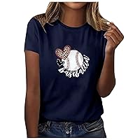 Baseball Pullover Tops Womens Summer Funny Leopard Heart Round Neck Short Sleeve T-Shirts Causal Loose Fit Classic Mom Shirts