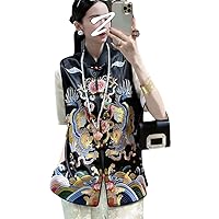 Spring Summer Vest Top Chinese Style Retro Embroidery Unicorn Elegant Lady Acetate Vest Female