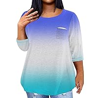 Tops for Women Plus Size Plus Size Tops for Women 2024 Color Block Fashion Casual Loose Fit Y2k with 3/4 Sleeve Round Neck Shirts Blue 4X-Large